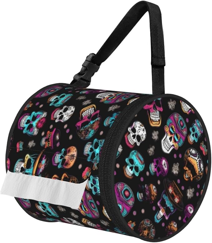 Sugar and Skulls Style Print Cylinder Tissue Holder, Toilet Hanging Bag for Bathroom Home Fits Travel Car Office Home - skull toilet paper