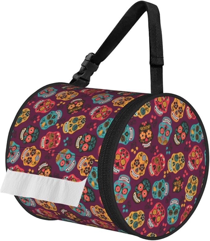 Skull Face Print Cylinder Tissue Holder, Toilet Hanging Bag for Bathroom Home Fits Travel Car Office Home - skull toilet paper