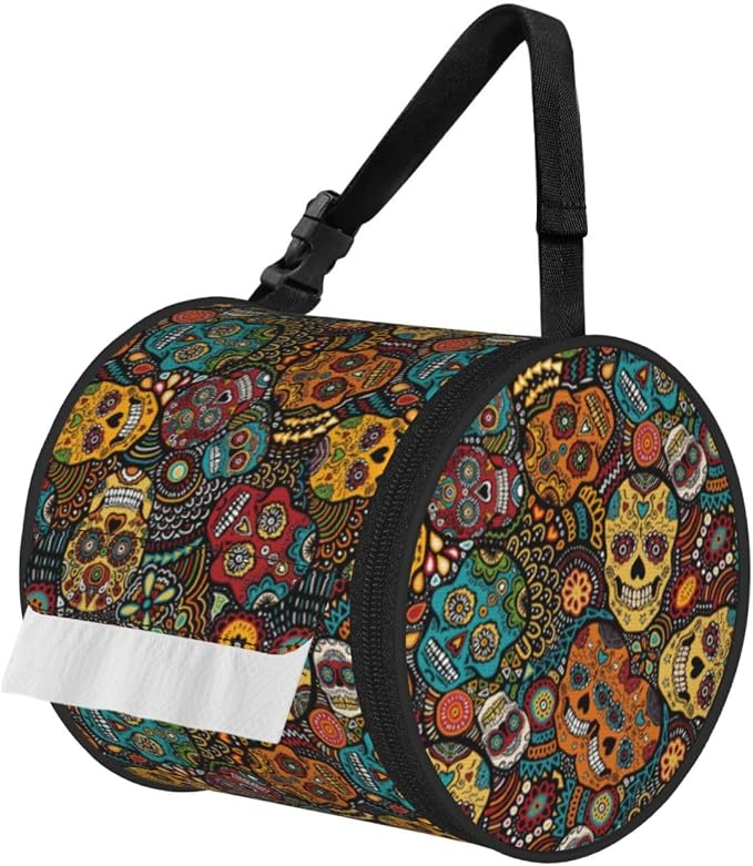 Sugar and Skulls Style Print Cylinder Tissue Holder, Toilet Hanging Bag for Bathroom Home Fits Travel Car Office Home - skull toilet paper