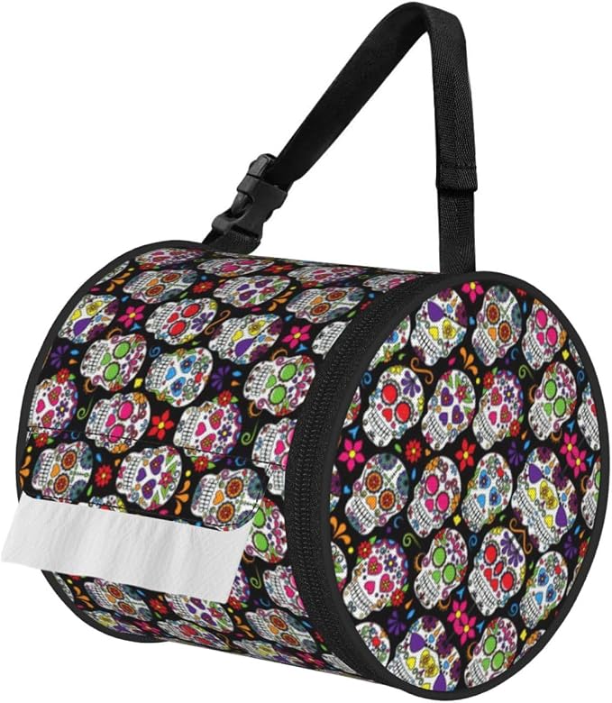 Colorful Flower Skulls Print Cylinder Tissue Holder, Toilet Hanging Bag for Bathroom Home Fits Travel Car Office Home - skull toilet paper
