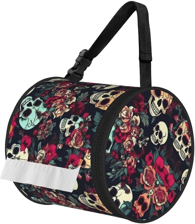 Colorful Floral Skulls Print Cylinder Tissue Holder, Toilet Hanging Bag for Bathroom Home Fits Travel Car Office Home - skull toilet paper