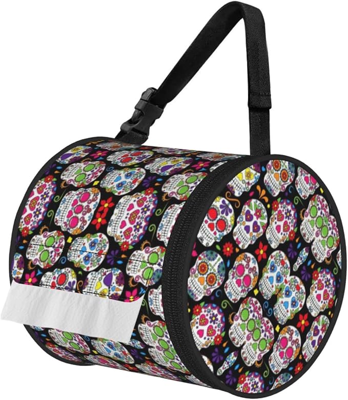 Sugar Skulls Print Cylinder Tissue Holder, Toilet Hanging Bag for Bathroom Home Fits Travel Car Office Home - skull toilet paper