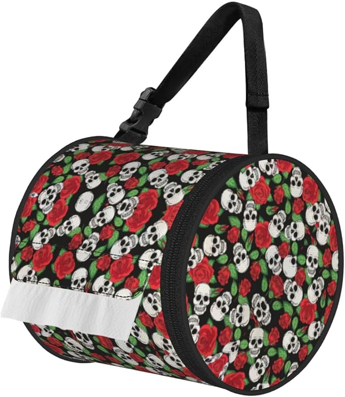 Skulls and Roses Print Cylinder Tissue Holder, Toilet Hanging Bag for Bathroom Home Fits Travel Car Office Home - skull toilet paper