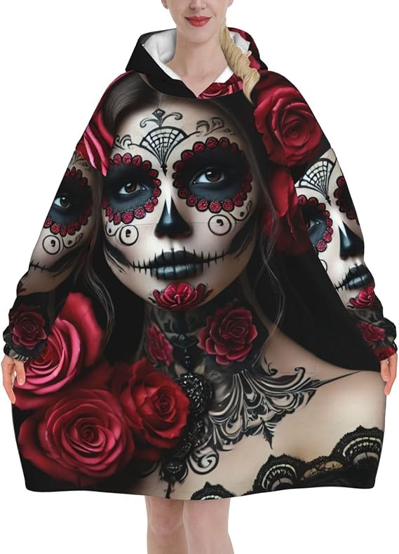 Oversize Wearable Blanket Hoodie Day Of Dead Women Sugar Skull - skull hoodie