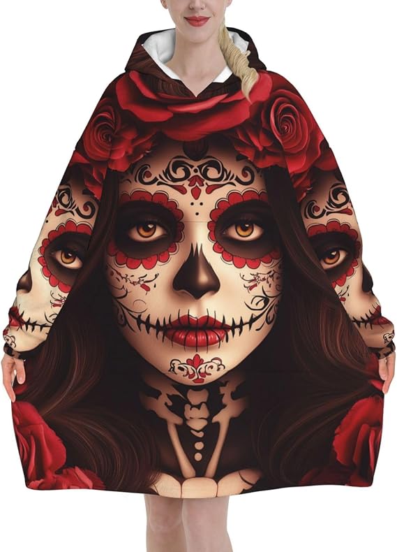Oversize Wearable Blanket Hoodie Women Sugar Skull Roses Halloween - skull sweatshirts