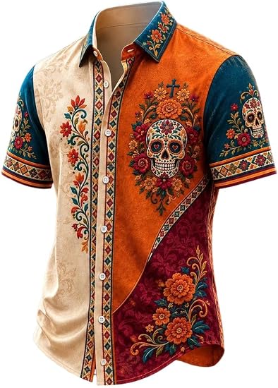 Men's Mexico Day of The Dead Art Print Casual Shirt - skull tshirt