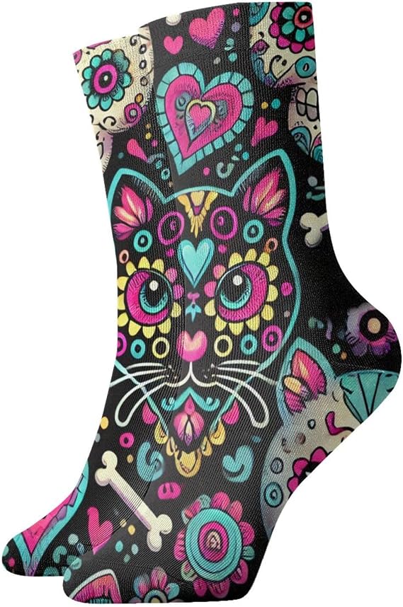 Men'S Novelty Crew Socks Mexican Sugar Skull Cat - sugar skull costume