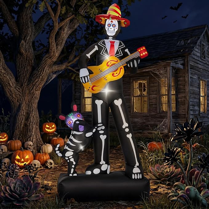 Halloween Inflatable Skeleton Guitarist with Dog, 7.3ft - skull inflatable