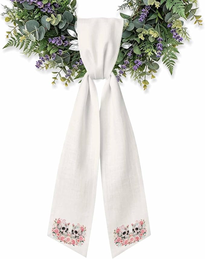 Double Sugar Skulls Wreath Sash for Front Door 4.5"x56", Pink - skull wreath