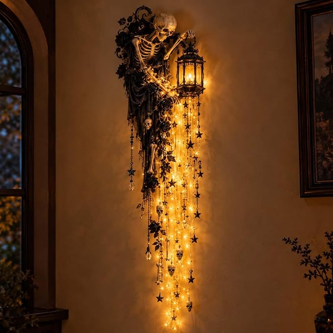 Halloween Hanging Wall Decor with Cascading LED String Lights, Gothic Moon Raven Witch Ghost Pumpkin Wall Ornament, Spooky Indoor Halloween Party Art Decoration，Skull - string light
