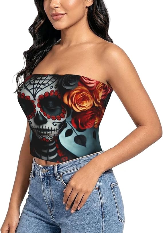 Women'S Sugar-Skull-Roses Strapless Tube Top Stretch Bandeau Tank - skull tank tops