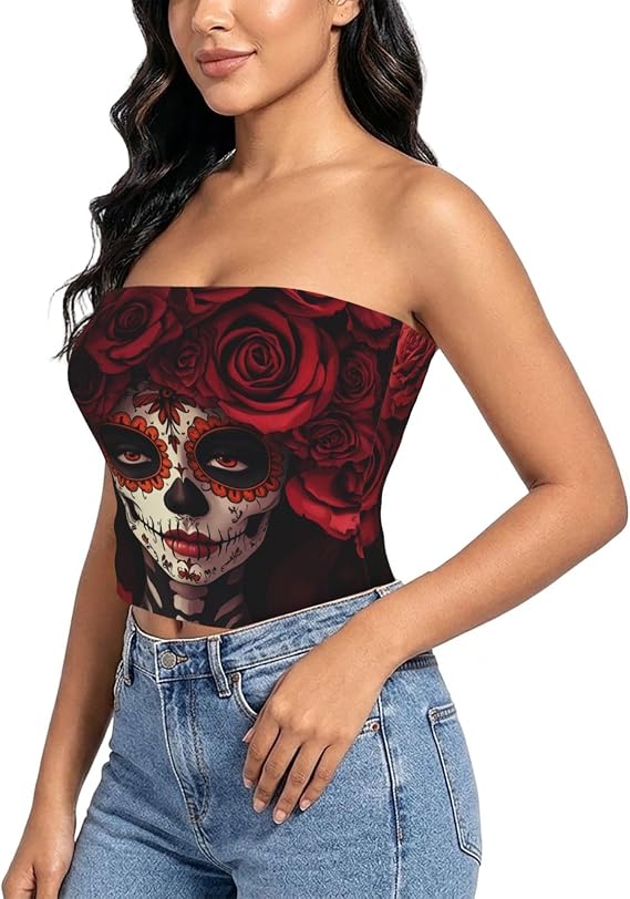 Women'S Women-Sugar-Skull-Rose Strapless Tube Top Stretch Bandeau Tank - skull leggings