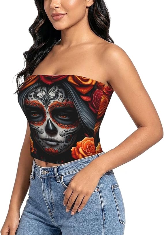 Women'S Sugar-Skull-Face-Roses Strapless Tube Top Stretch Bandeau Tank - skull tank tops