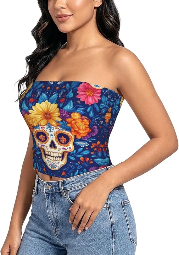 Women'S Sugar-Skull-Mexico-Marigold Strapless Tube Top Stretch Bandeau Tank - skull leggings