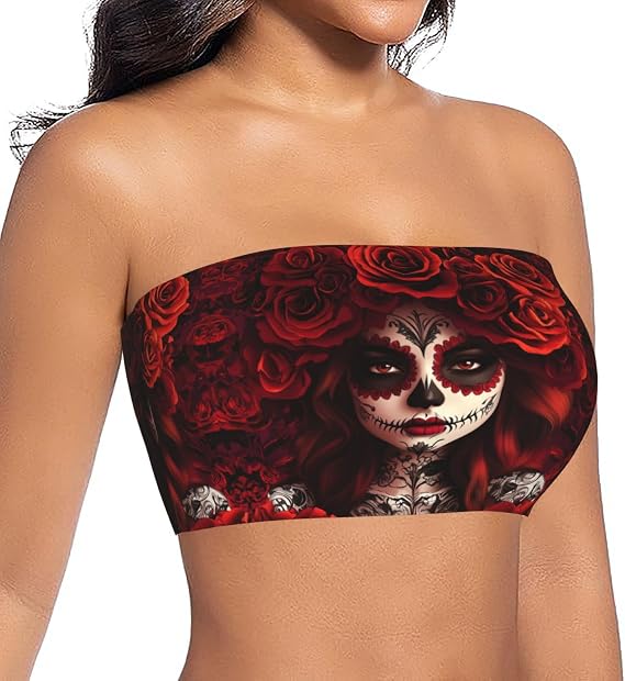 Women's Mexico-Sugar-Skull-Rose Strapless Bandeau Top Tube Top for Layering - skull tank tops