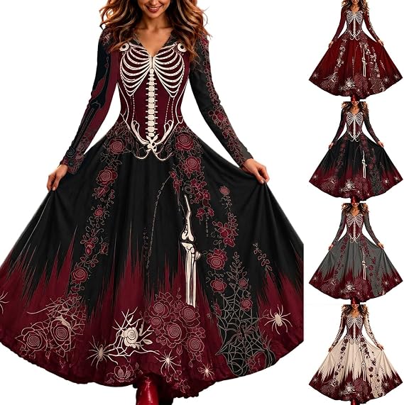 Women's Skeleton Dress - Halloween Gothic Skull Maxi, Day of the Dead - sugar skull dress