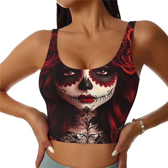 Women's Mexico-Sugar-Skull-Rose Sports Tank Top with Removable Pads - skull leggings