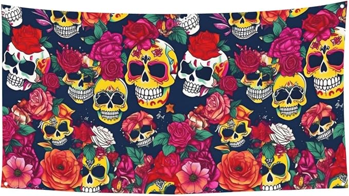 Sugar And Skulls And Flowers Print Birthday Decorations Backdrop Banner Party Decorations Photography Background For Graduation Supplies 6 X 3 Ft - skull sticker