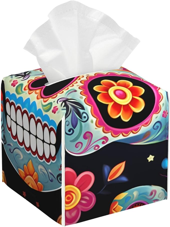Modern Square Tissue Box Cover Waterproof Leather Decorative Tissue Holder - skull toilet paper