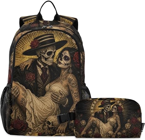 Sugar Skull Art Backpack with Insulated Lunch Bag Set - skull backpack