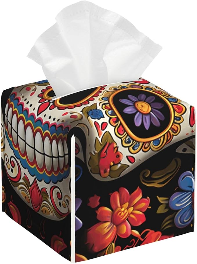 Modern Square Tissue Box Cover Waterproof Leather Decorative Tissue Holder - skull toilet paper