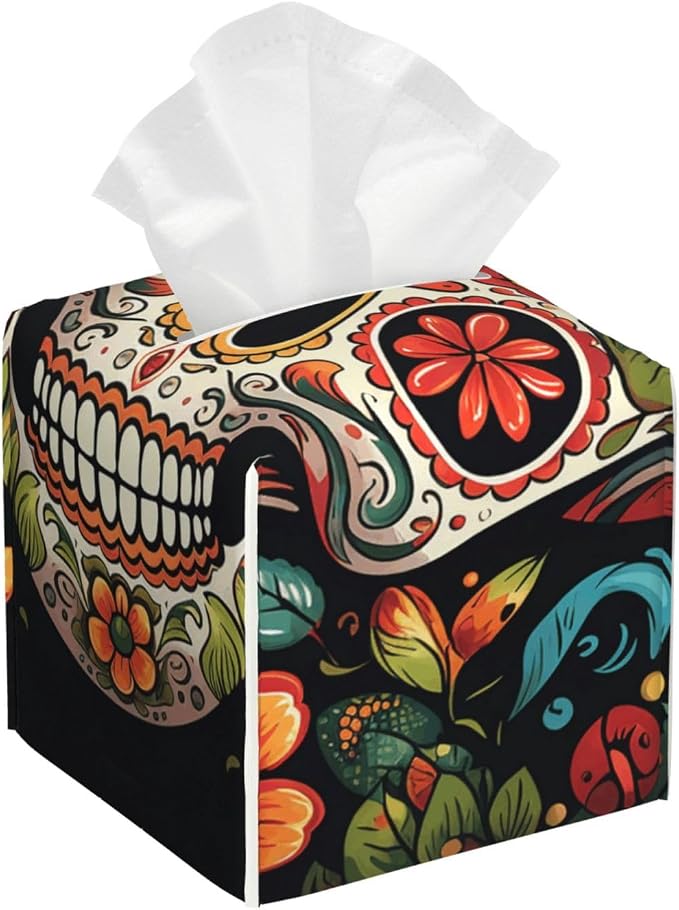Modern Square Tissue Box Cover Waterproof Leather Decorative Tissue Holder - skull toilet paper