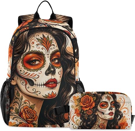 Sugar Skull Woman Art Backpack with Insulated Lunch Bag Set - skull backpack