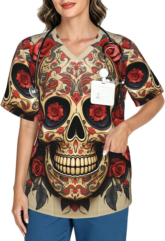 Women's Scrub Tops V-Neck Relaxed Fit Soft Stretch Scrub Top with 3 Pockets - skull tshirt
