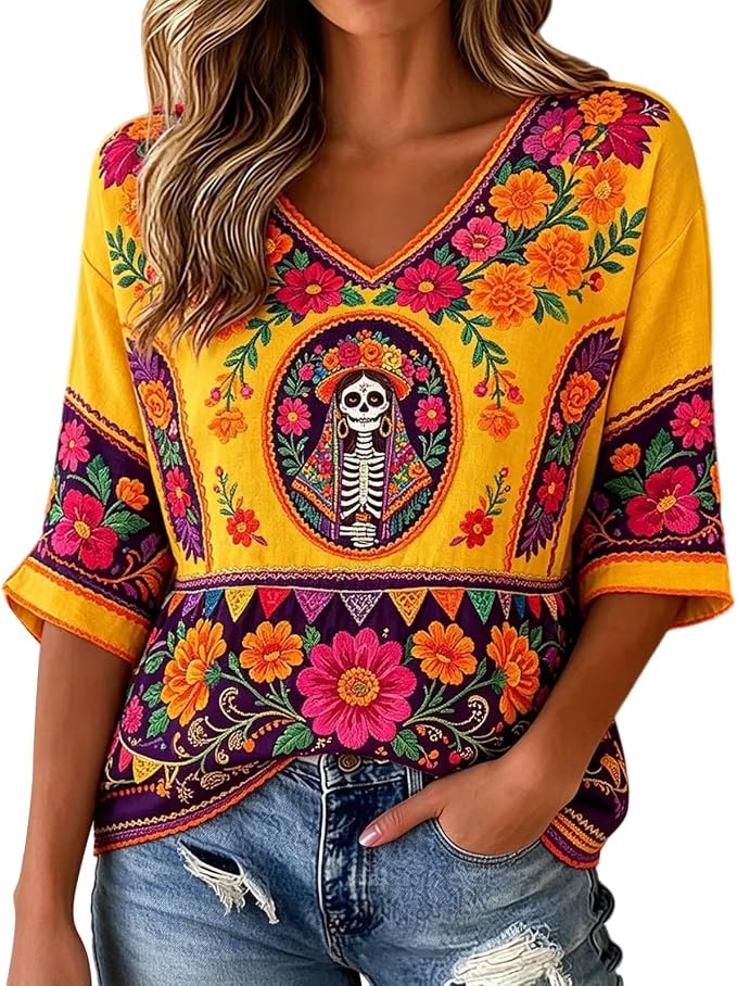 Day of The Dead Costume for Women Mexico Dia De Los Muertos Skull Tshirt - skull tshirt