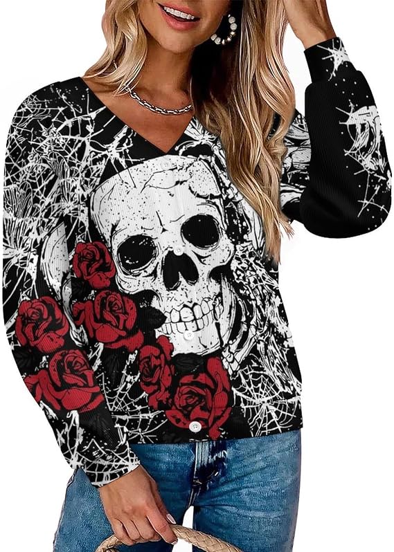 Ladies Casual Long Sleeve V Neck Waffle Knit Cardigan Button Up Soft Sweater Coat - skull jacket