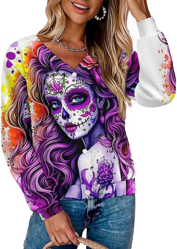 Women V Neck Button Down Waffle Knit Cardigan Long Sleeve Lightweight Open Front Sweater Jacket - skull jacket