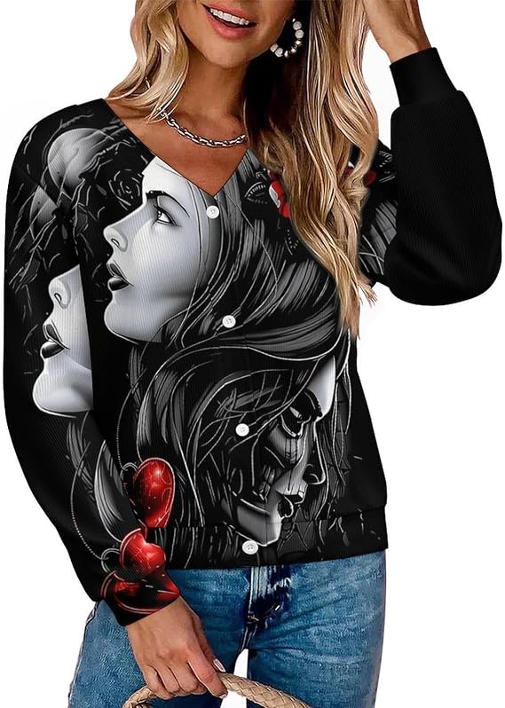 Womens Loose Fit Waffle Knit V Neck Cardigan Long Sleeve Button Front Sweater Jacket - skull jacket