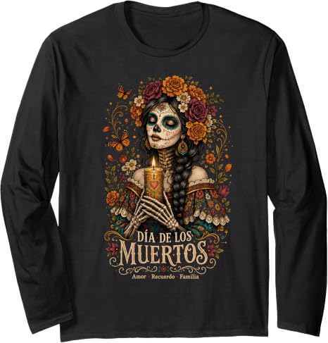 Dia De Los Muertos Day of The Dead La Catrina Sugar Skull Long Sleeve T-Shirt - skull tshirt