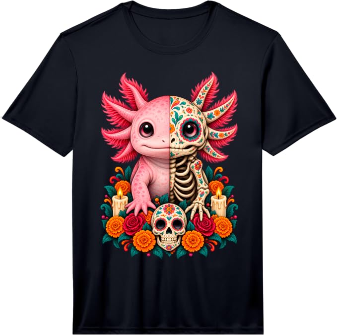 Axolotl Day of the Dead Sugar Skull Mexican Floral Art Performance T-Shirt - skull tshirt