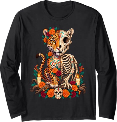 Jaguar Day of the Dead Sugar Skull Mexican Floral Art Long Sleeve T-Shirt - skull tshirt