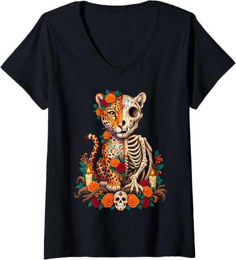 Women's Jaguar Day of the Dead Sugar Skull Mexican Floral Art V-Neck T-Shirt - skull tshirt