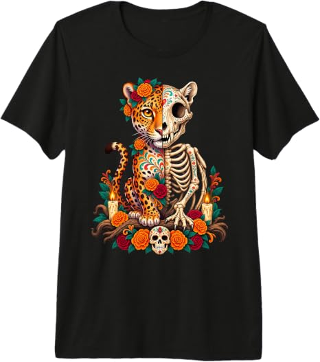 Jaguar Day of the Dead Sugar Skull Mexican Floral Art Premium Tri-Blend T-Shirt - skull tshirt