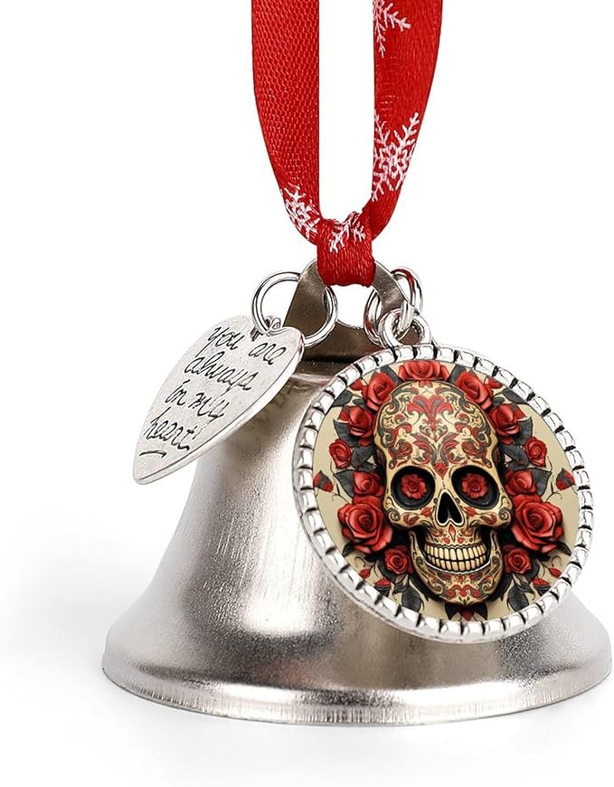 Mental Christmas Bells, Jingle Bell Ornament, Red Rose Sugar Skull - skull wreath