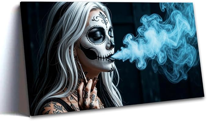 Sugar Skull Woman Blue Smoke Canvas Wall Art, Day of the Dead Tattoo Portrait Print - skull sticker