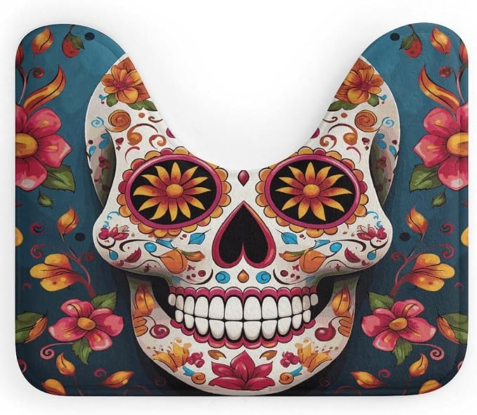 Sugar Skull Toilet Rug U-Shape with Non Slip Rubber Backing