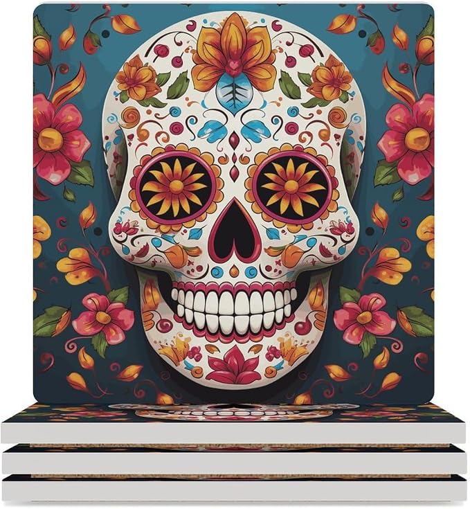 Colorful Sugar Skull Coasters for Home, Square Ceramic Drink Coaster - skull coaster