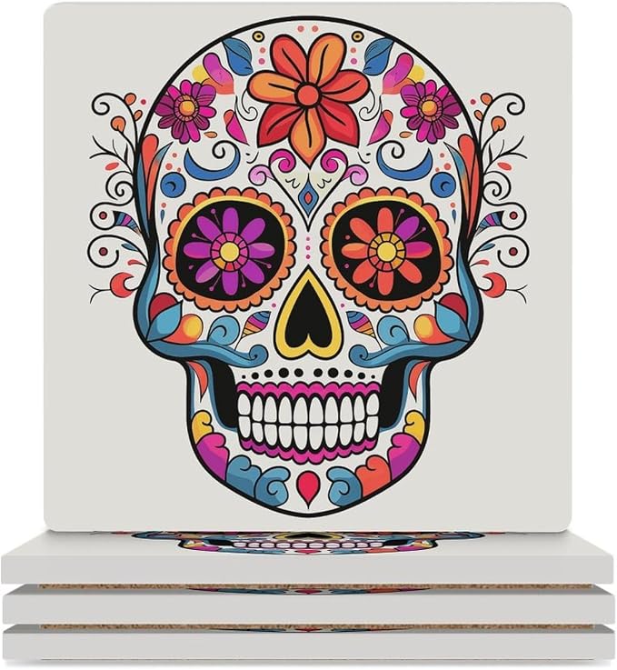 Sugar Skull Coasters for Home, Square Ceramic Drink Coaster - skull coaster