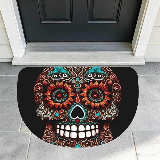 Half Circle Door Mat Non-Slip Front Door Mat Indoor&Outdoor Doormat 19"x30" - skull floor mat