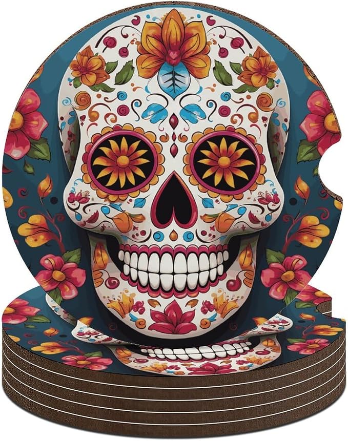 Colorful Sugar Skull Coasters Set of 6 Finger Notch & Cork Base - skull coaster