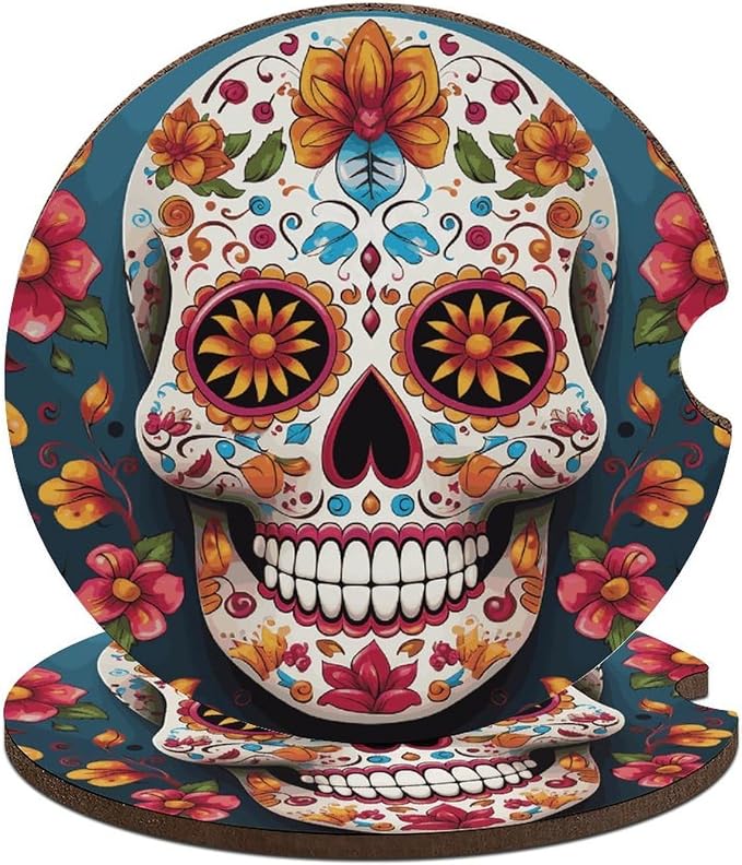 Colorful Sugar Skull Coasters Set of 2 Finger Notch & Cork Base - skull coaster