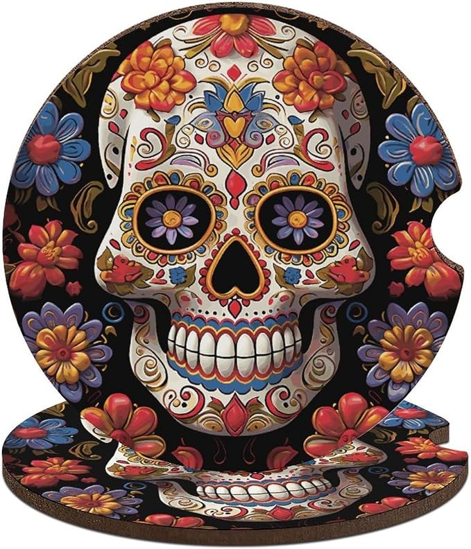 Sugar Skulls Coasters Set of 2 with Finger Notch & Cork Base - skull coaster
