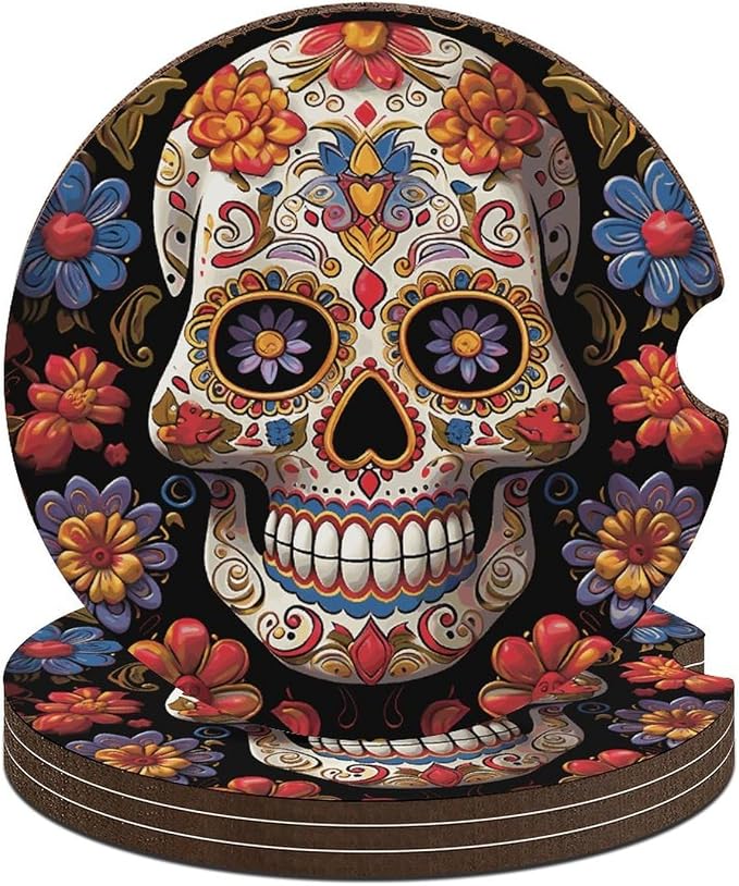 Sugar Skulls Coasters Set of 4 with Finger Notch & Cork Base - skull coaster