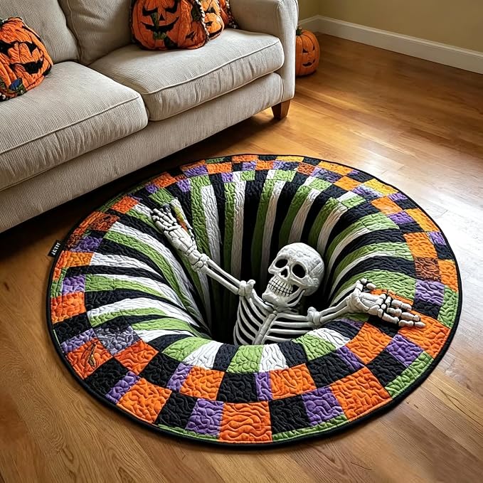 3D Halloween Rugs,3D Halloween Optical Illusion Round Rug-55in - skull carpet