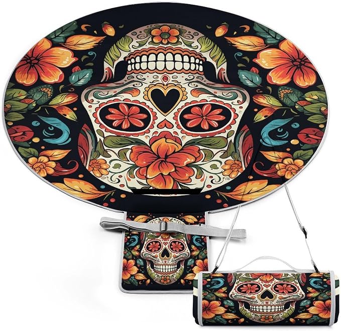Colorful Sugar Skull Outdoor Picnic Blanket, Round Camping Mat - skull carpet