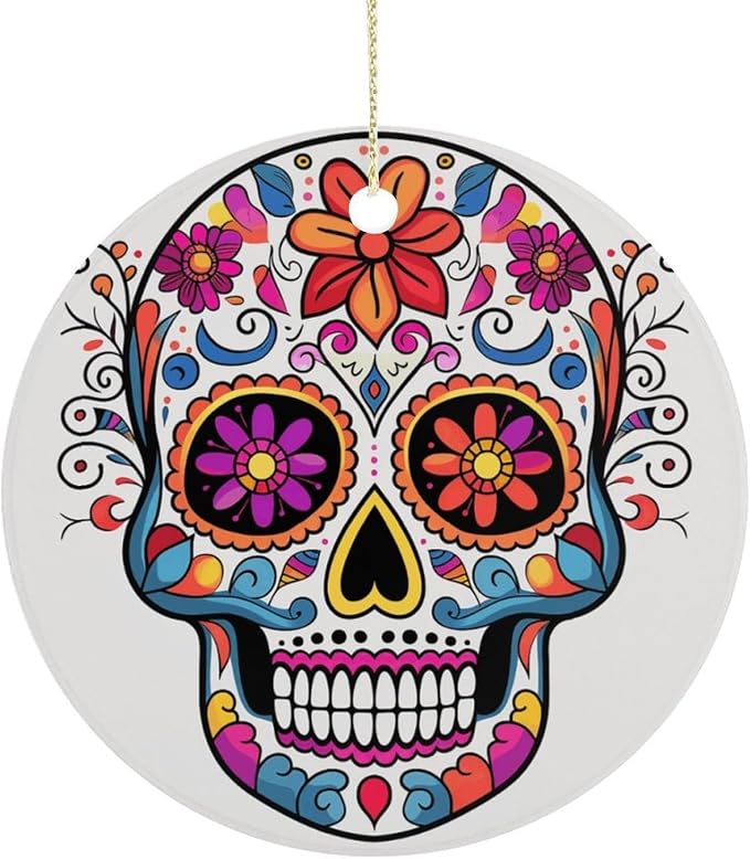 Round Christmas Ornament Ceramic Hanging Sugar Skull - skull wreath